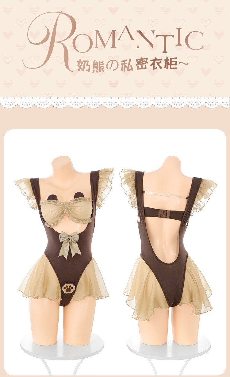 Feimu Caramel Milk Bear Lace Bodysuit with Bow, Open Crotch and White Stockings — detail image 14