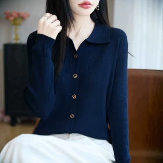 跨境精纺羊毛早秋纯色Polo领开衫女休闲精致纯色百搭早秋通勤气质