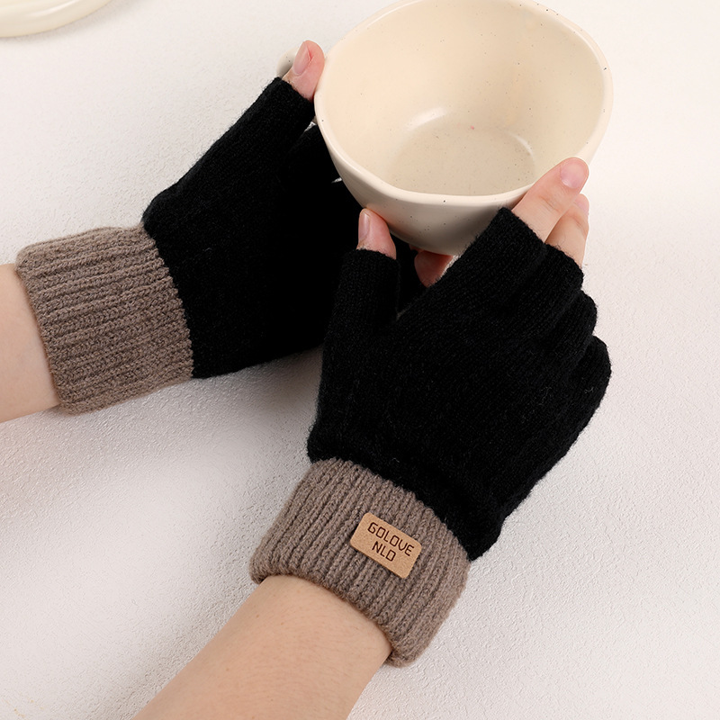 New Winter Gloves for Students, Thickened Knitted Wool, Half-Fingered, Warm, Wholesale, Touch Screen, Cold-Proof