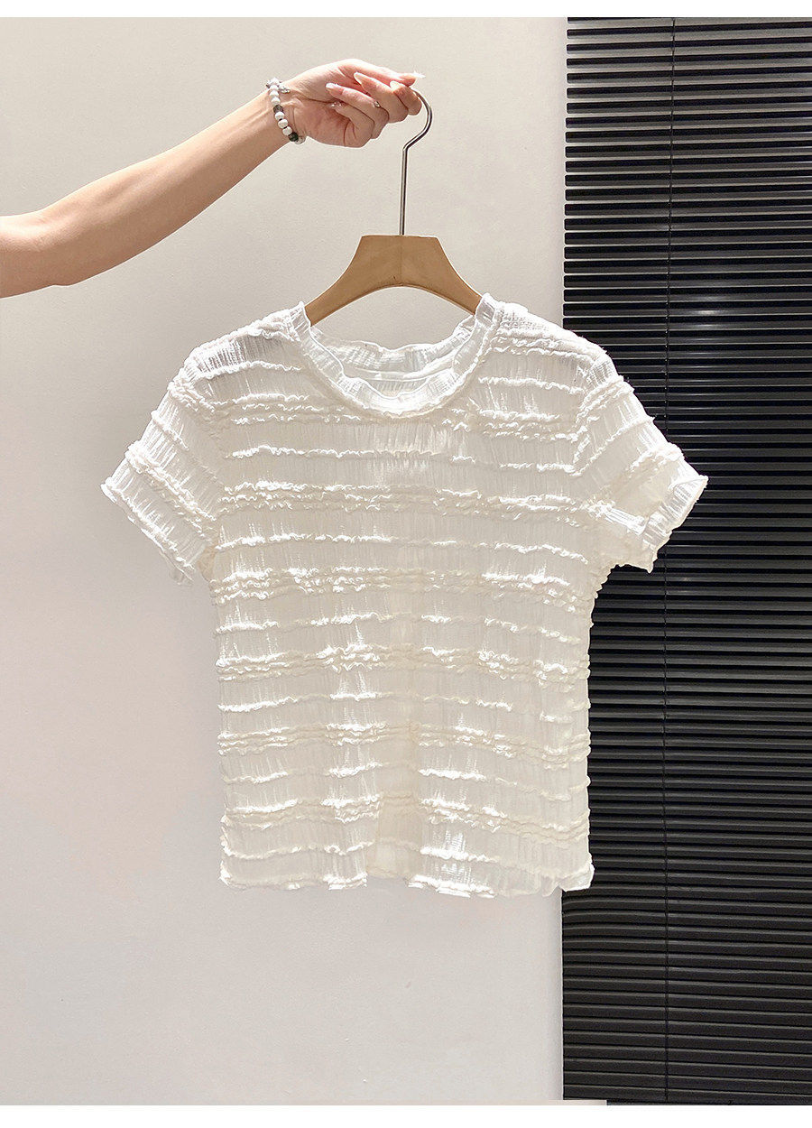 Áo thun nữ cổ tròn tay ngắn phối ren viền cổ — xanh lam chi tiết 4