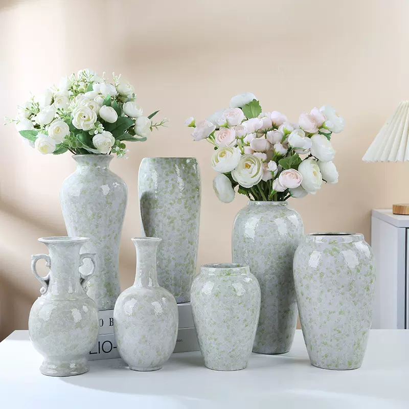 新中式现代陶瓷斑点绿花瓶花器家居客厅装饰摆件复古绿色点亮光釉