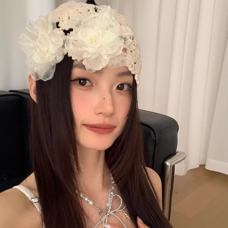 韩系气质百搭镂空花朵包头帽女棉线钩花套头帽子春夏季时髦针织帽