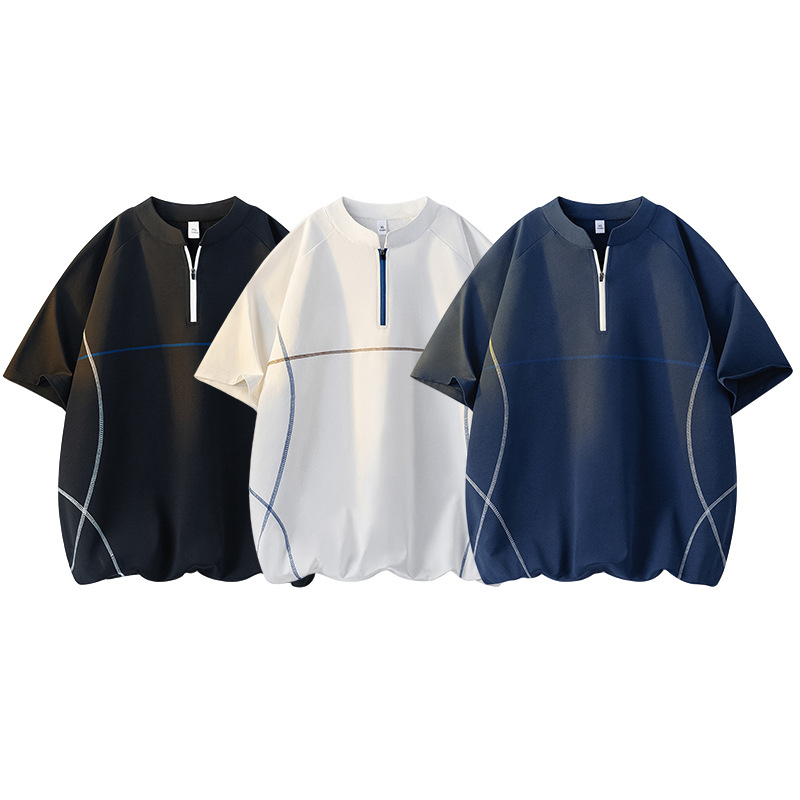 Cross-Border Wholesale American-Style Half-Zip Casual T-Shirt for Men, Summer High-End Trendy Brand Loose Breathable Top