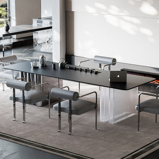 Italian Light Luxury Tea Table and Chair Combination Home Office Stainless Steel Tea Table Modern Simple Acrylic Rock Plate Tea Table
