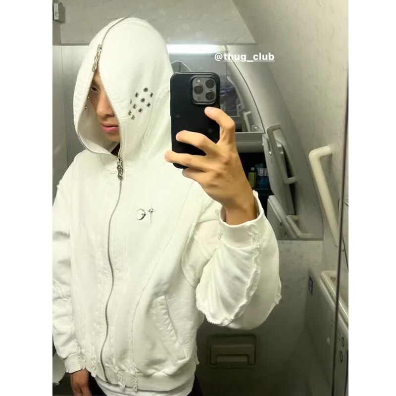 THUG CLUB VIBE washed metal zipper masked ninja hooded cardigan short sweater men's fashion brand coat THUG CLUB VIBE washed metal zipper masked ninja hooded cardigan short sweater men's fashion brand coat