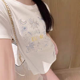26春季新款潮牌重工刺绣星月亮片宽松减龄洋气百搭短袖T恤上衣女