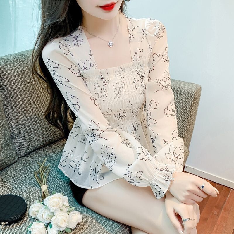 Early Autumn French-Style Square-Neck Chiffon Blouse for Women, Long-Sleeved Floral Print, Beautiful and Sweet, Waist-Cinching, Puff Sleeves, Backless Shirt Early Autumn French-Style Square-Neck Chiffon Blouse for Women, Long-Sleeved Floral Print, Beautiful and Sweet, Waist-Cinching, Puff Sleeves, Backless Shirt