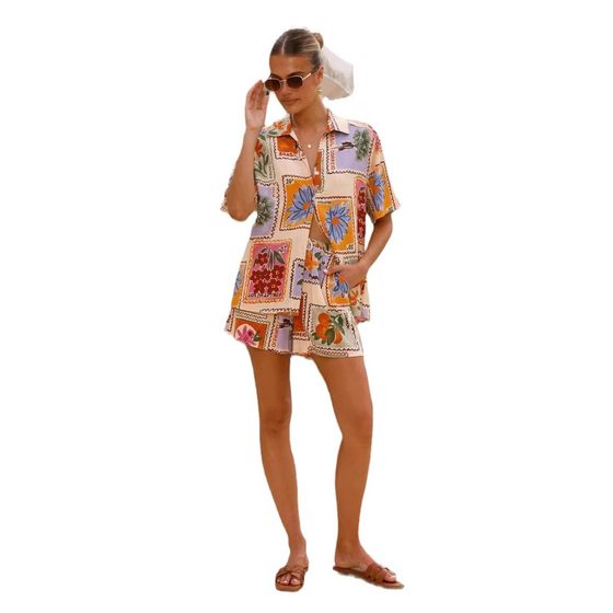 in stock 25 Years Europe and America Cross-border Foreign Trade Summer New Holiday Style Leisure Shirt Shorts Shirt suit -68627