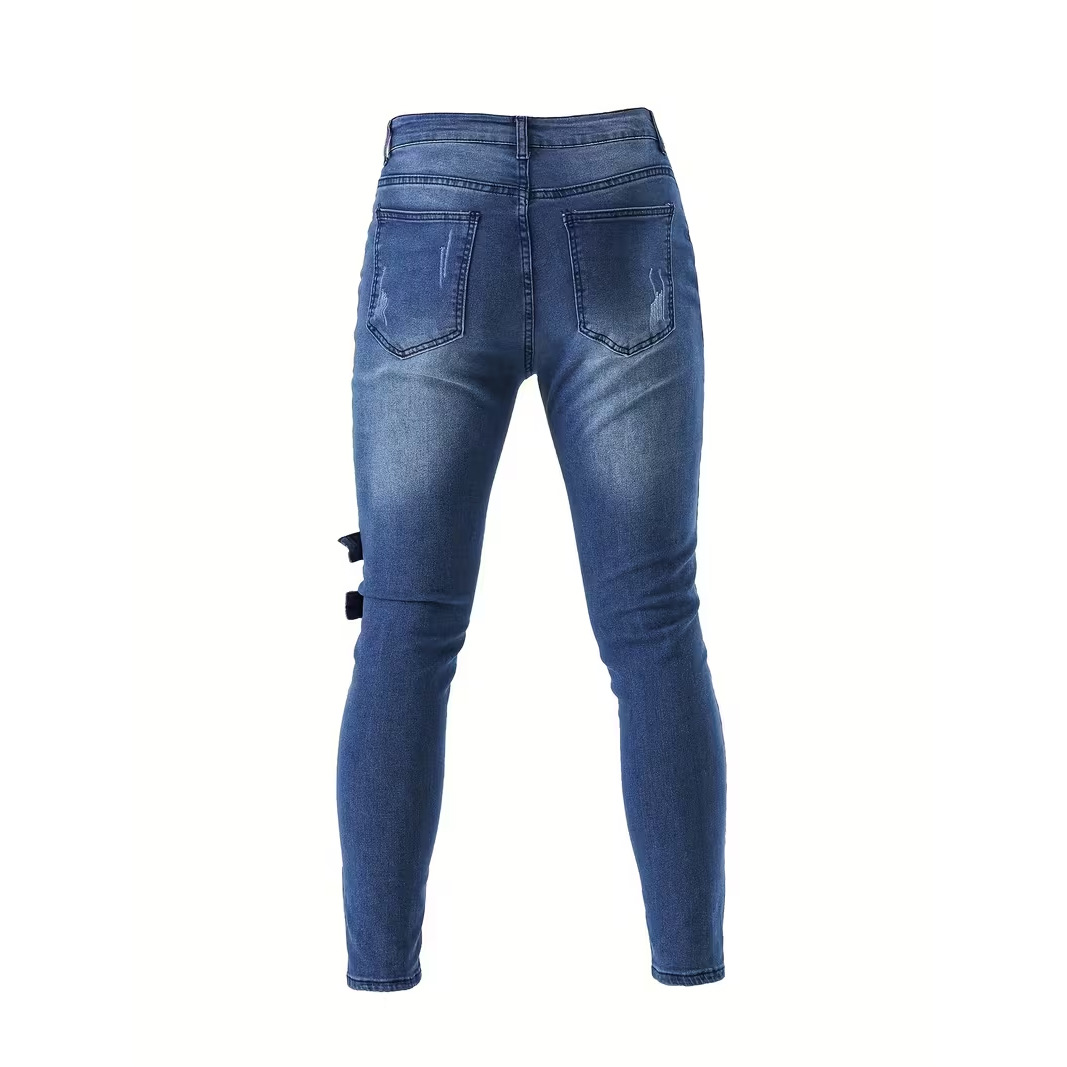 Jeans da uomo neri strappati e usurati, elasticizzati, vestibilità slim, casual, affusolati, vestibilità affusolata che valorizza la figura._voghion.com