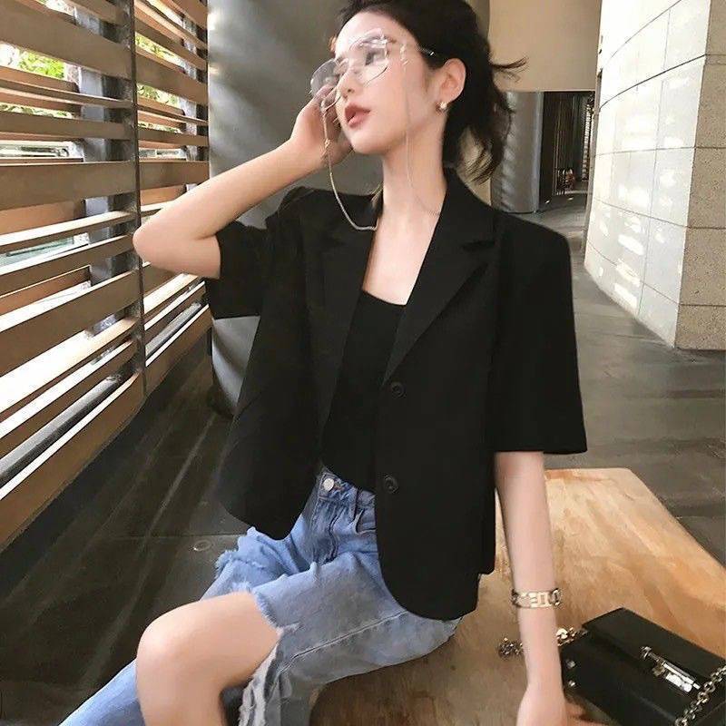Black Thin Short-Sleeved Suit Short Jacket for Women in Summer, Niche Slimming Suit Top for Small People