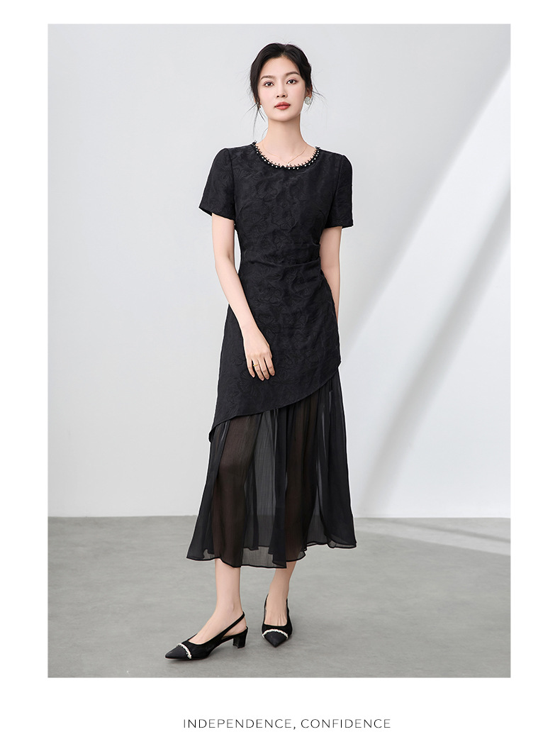 Váy maxi nữ cổ tròn đính cườm họa tiết bướm jacquard phong cách Trung Quốc — Màu đen chi tiết 12