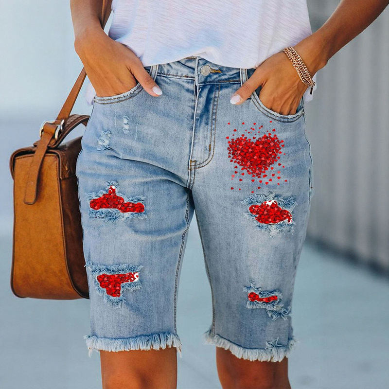 Cross-Border Tiktok E-Commerce Mid-Waist Denim Washed Mid-Pants Valentine's Day Heart Print Straight Pants Denim Shorts