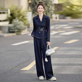 休闲时尚翻领牛仔套装女2025春秋新款设计感系带收腰阔腿裤两件套