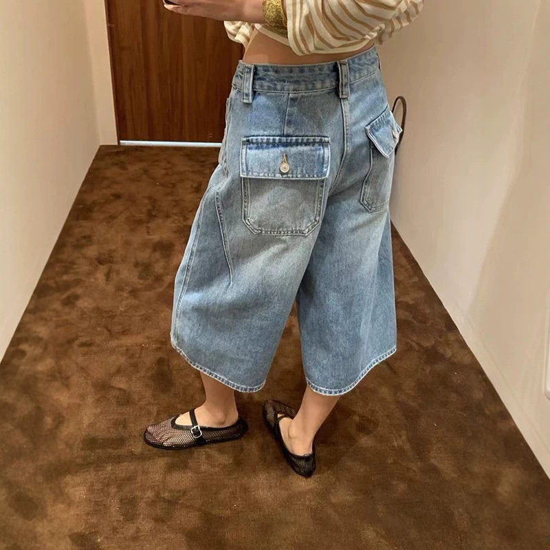 Retro Blue Three-Quarter Wide-Leg Jeans for Women, New Summer Style, Loose and Slimming Casual Straight-Leg Denim Capri Pants for Women