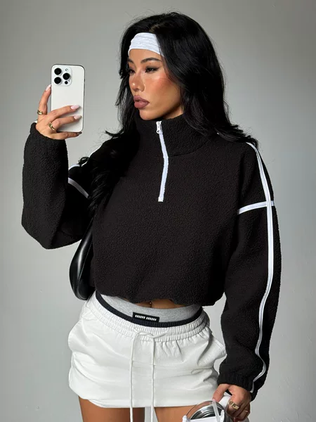 European and American Style Half-Zip Turtleneck Sweater for Women, Black with White Stripes, Casual Sports Sweatshirt, Slimming Fashion Top Jacket