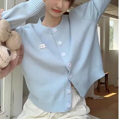 韩系浅蓝色软糯开衫毛衣外套女新款秋冬纯欲风短款圆领针织衫上衣