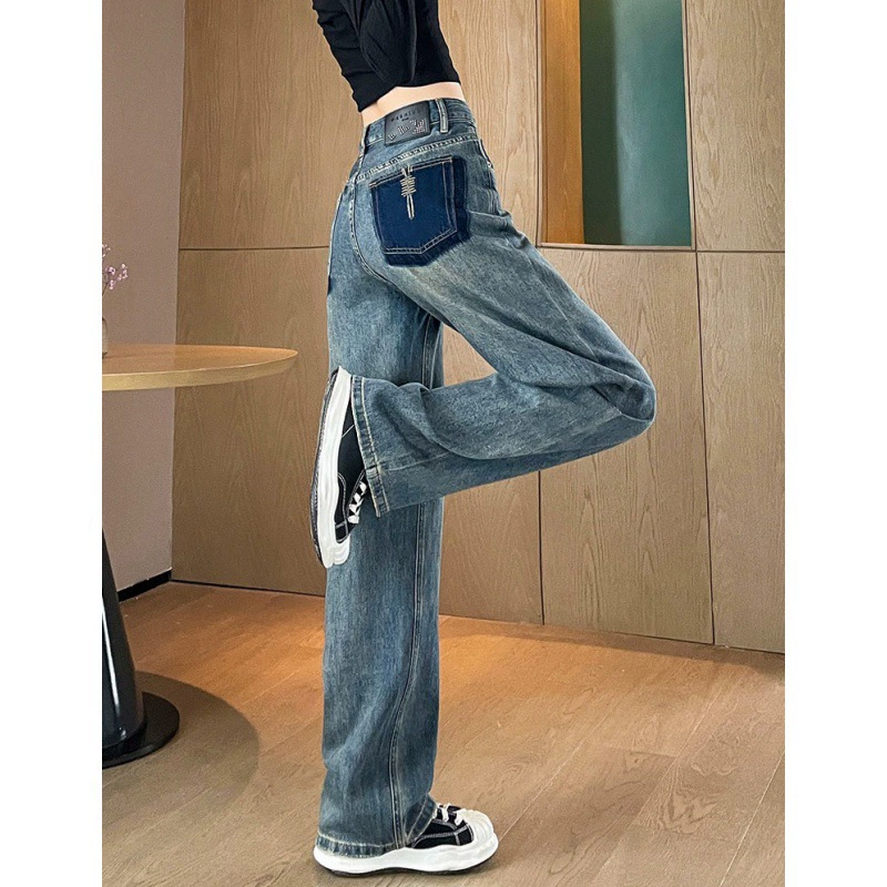 Узкие широкие джинсы женские на весну и лето 2023 новые маленькие прямые брюки с высокой талией и драпировкой для полных девушек, стройнящие контрастного цвета
