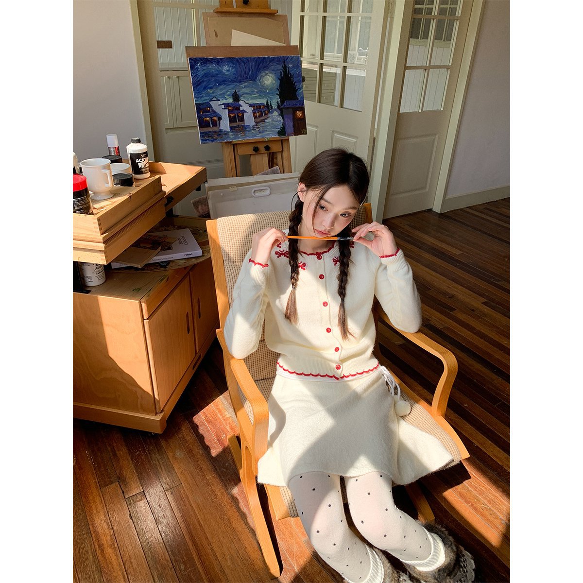 Sweet Contrast Color Bow Knitted Cardigan Women's Autumn 2025 New Sweet Style Woolen Top