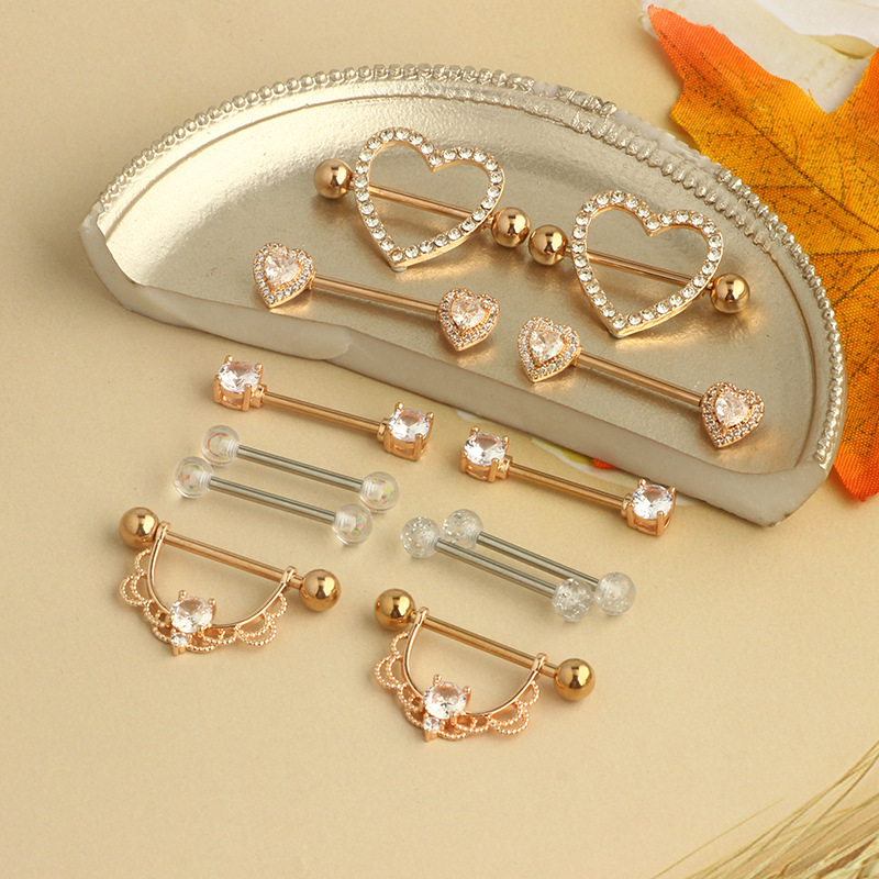 Amazon Hot Sale Stainless Steel Inlaid Zircon Breast Ring Straight Rod Love Tongue Nail Body Piercing Jewelry 12-Piece Set detail image 11