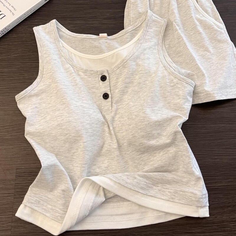 Japanese-Style Girl Light Gray Vest with Chest Pads, Summer New Skin-Friendly Comfortable Shorts, Home Wear, Suitable for Going Out