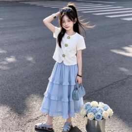 2026甜美小清新立体花朵短袖时尚个性花边半身裙女童夏季两件套装