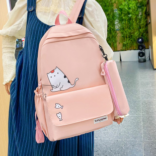 2024 New Fashion Solid Color Printed Kitten Cartoon Casual Simple Large Capacity Junior High School Backpack Schoolbag for Women