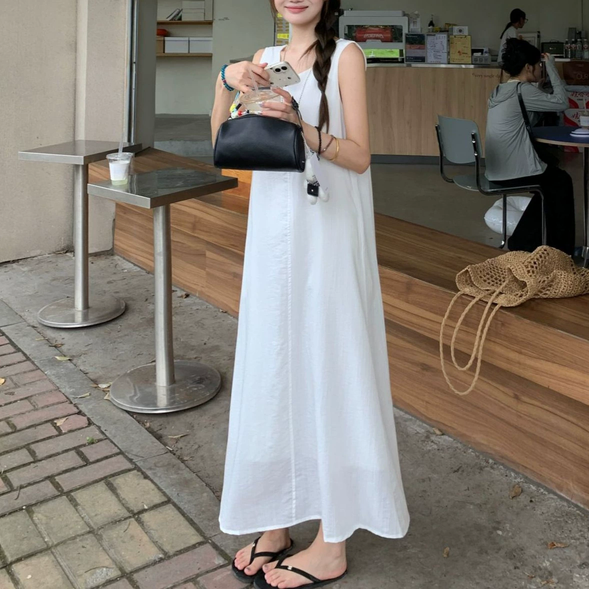 Элегантное универсальное дышащее платье-жилет без рукавов в стиле Old Money для женщин, длинное платье трапециевидной формы для похудения, белого цвета.
