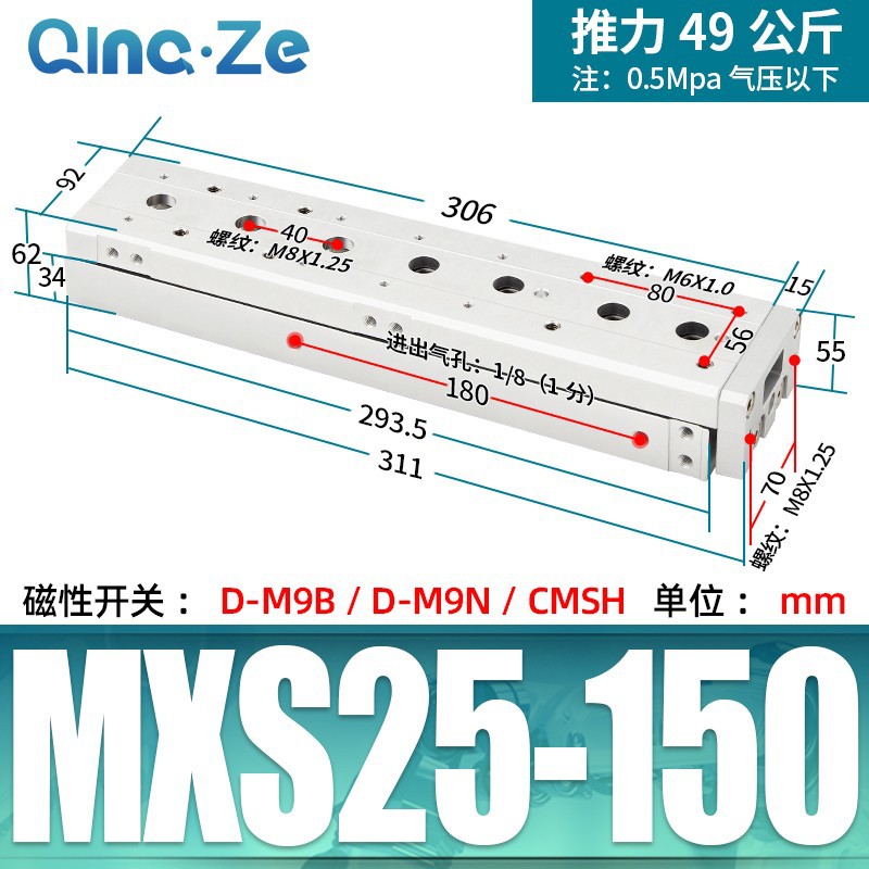 Cilindro neumático MXS HLS con riel 6 8 12 16 20 10 20 30 40 50 A AS B