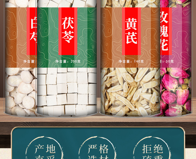 White Peony Poria Astragalus Atractylodes Licorice Blend Bai Shao Fu Ling Huang Qi Bai Zhu Gan Cao 50g Jar overview