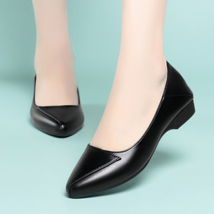 2025 Spring and Autumn Black High Heels Women's Chunky Heel Pointed Toe Mid-Heel Ol Professional Work Shoes Korean Style Fashion Non-Slip Flats