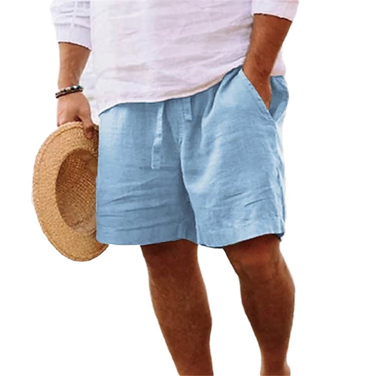 2024 men's summer cotton and linen shorts drawstring elastic waist straight leg solid color breathable beach five casual shorts
