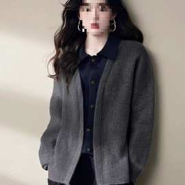 假两件牛仔拼接毛衣春秋季新款翻领开衫外套