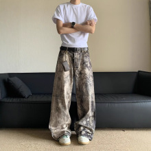 美式3D数码迷彩印花牛仔长裤男春夏季新款做旧低腰阔腿休闲长裤女
