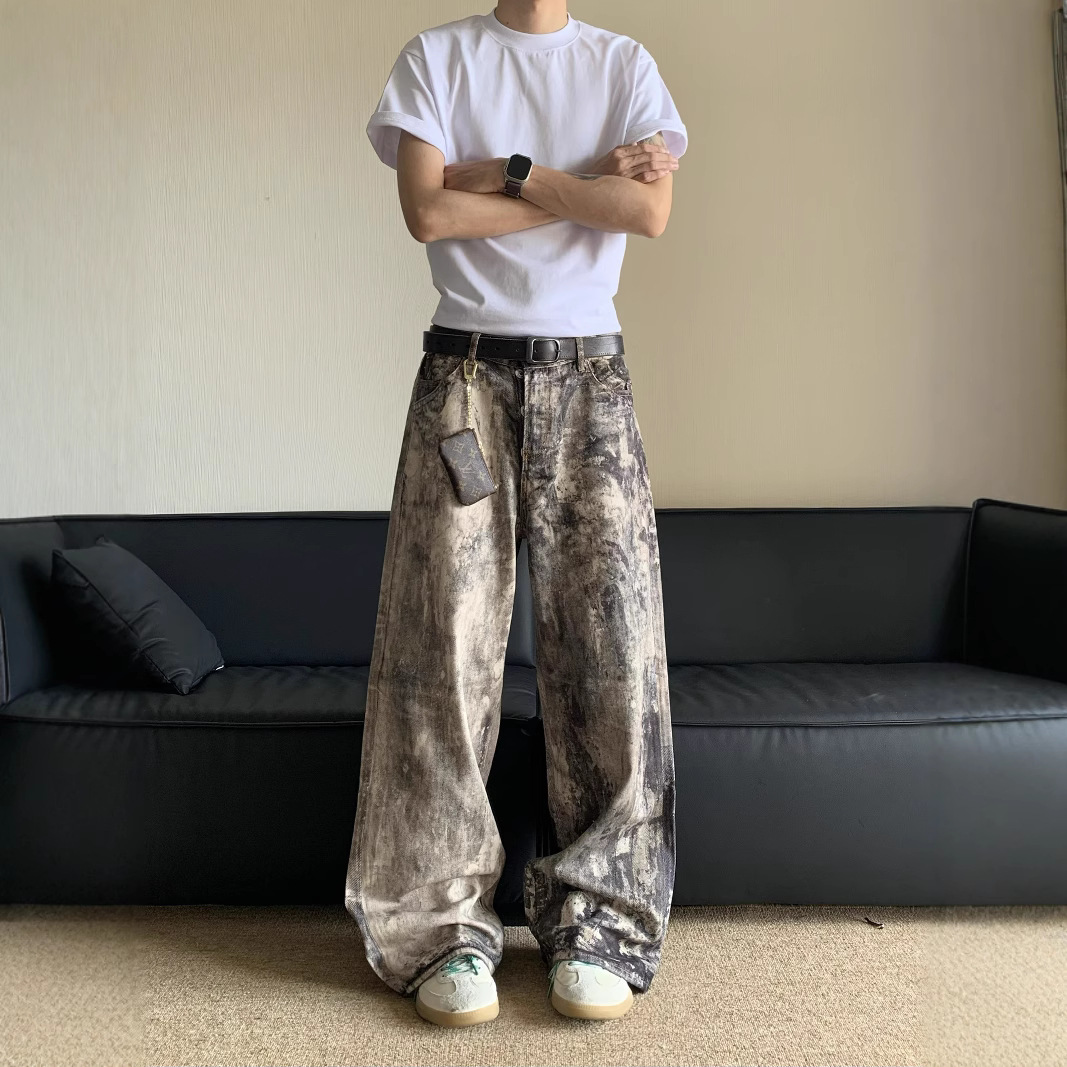 美式3D数码迷彩印花牛仔长裤男春夏季新款做旧低腰阔腿休闲长裤女