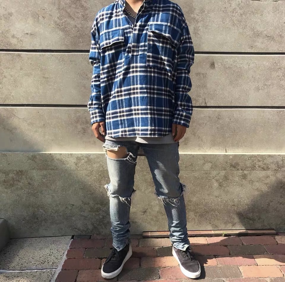 Men's Shirt High Street Plaid Striped Henley Collar Long Sleeve Shirt Jacket Image 3