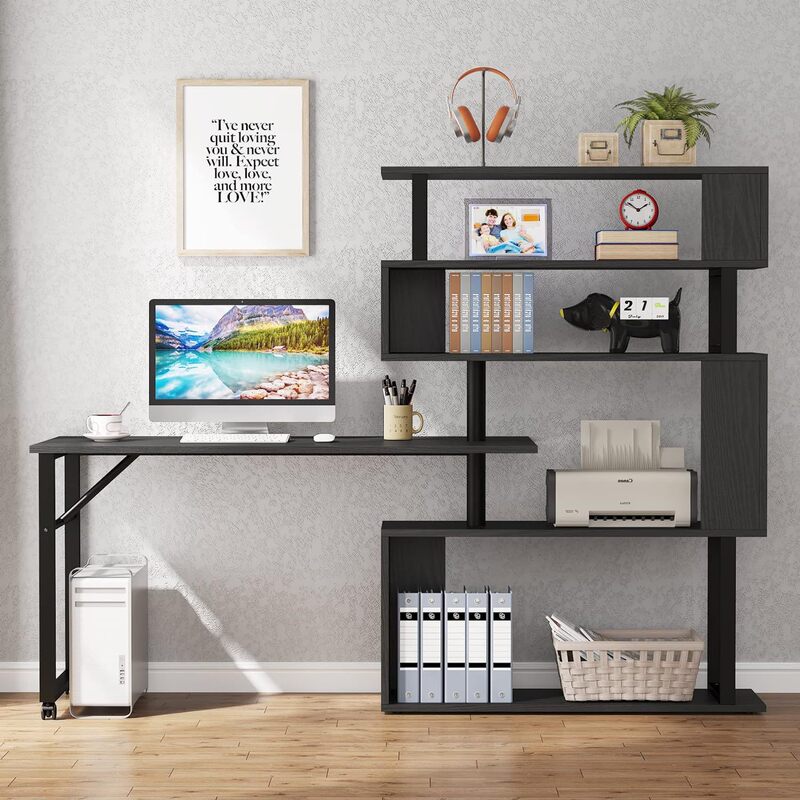 Cross-Border Special for Office Furniture Rotating Computer Desk with 5 Shelf Bookshelf Modern L-Shaped Corner Desk Customized Fac