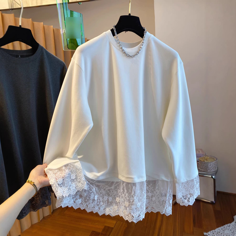 Korean-Style Casual Simple Ribbed Thermal Lace Base Shirt for Women, Spring, Autumn, and Winter Long-Sleeve T-Shirt, Mid-Length, Fleece-Lined, Trendy