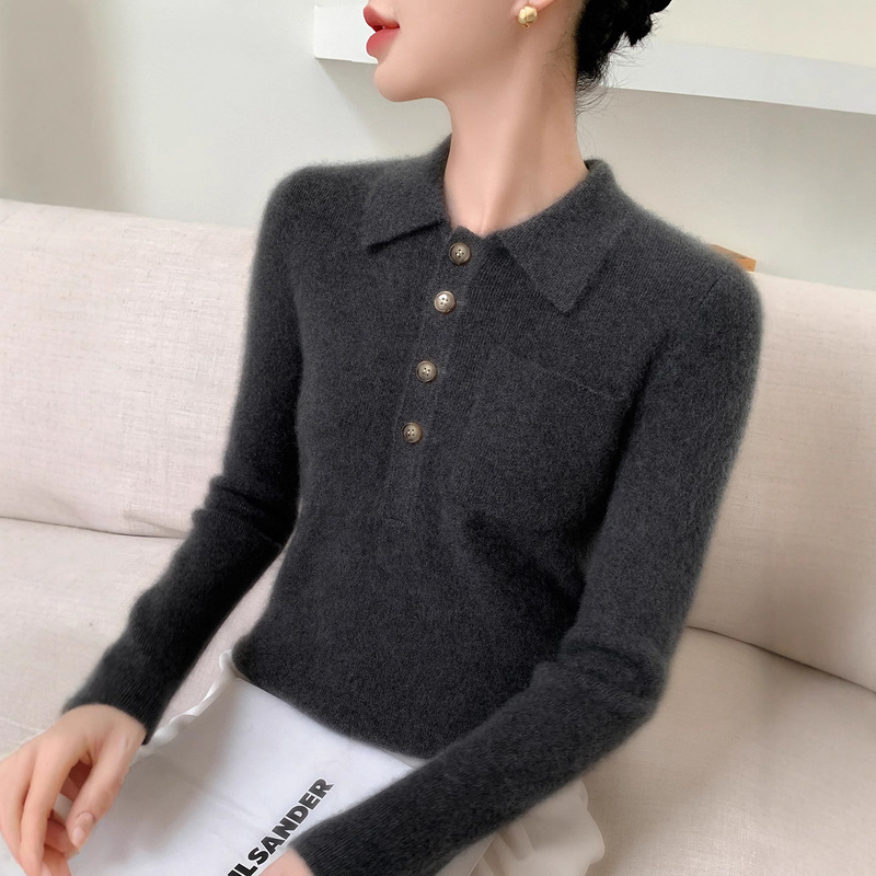 Cross-Border Korean Style Polo Collar Cashmere with Pocket Button Slimming Look Work Clothing Versatile Fine Knitted Knitwear Women's Knitted Long Sleeves