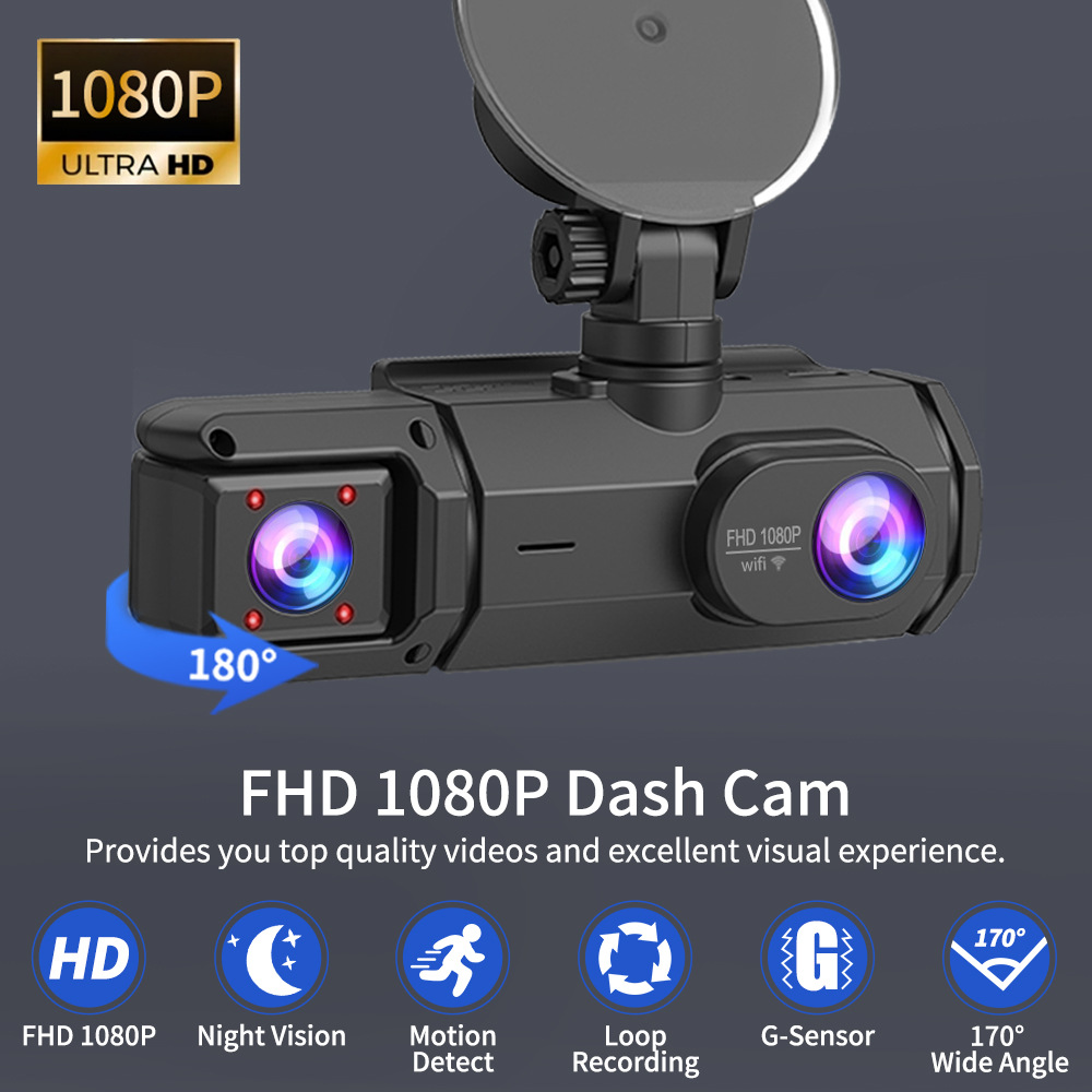 Cross-Border Hot-Selling Model: 3-Camera Simultaneous Display Dashcam with High-Definition Wifi and Mobile Phone Connectivity, Parking Monitoring Recorder