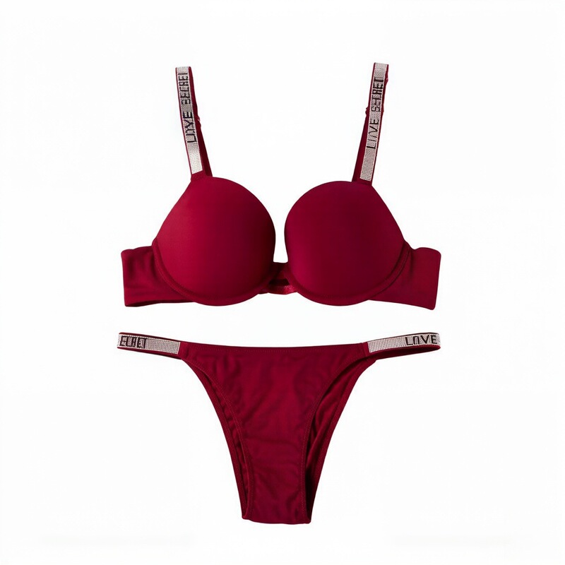 Cross-Border Rhinestone Letter Wide Shoulder Strap Rhinestone Women's Lingerie Set, Push-Up Bra for Large Busts, Sexy Bra Set