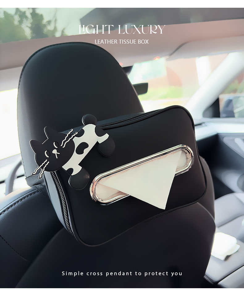 Car Tissue Box Bow Leather Car Seat Back Hanging Female Tissue Box Multi-Functional Armrest Box Tissue Box Cover