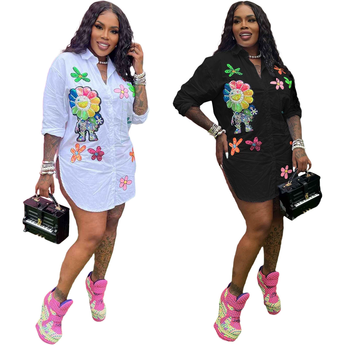 Y2638 Европейская и американская Amazon 2024, осенне-зимняя модная женская рубашка с длинными рукавами и жемчужной цепочкой с принтом, свободная средней длины