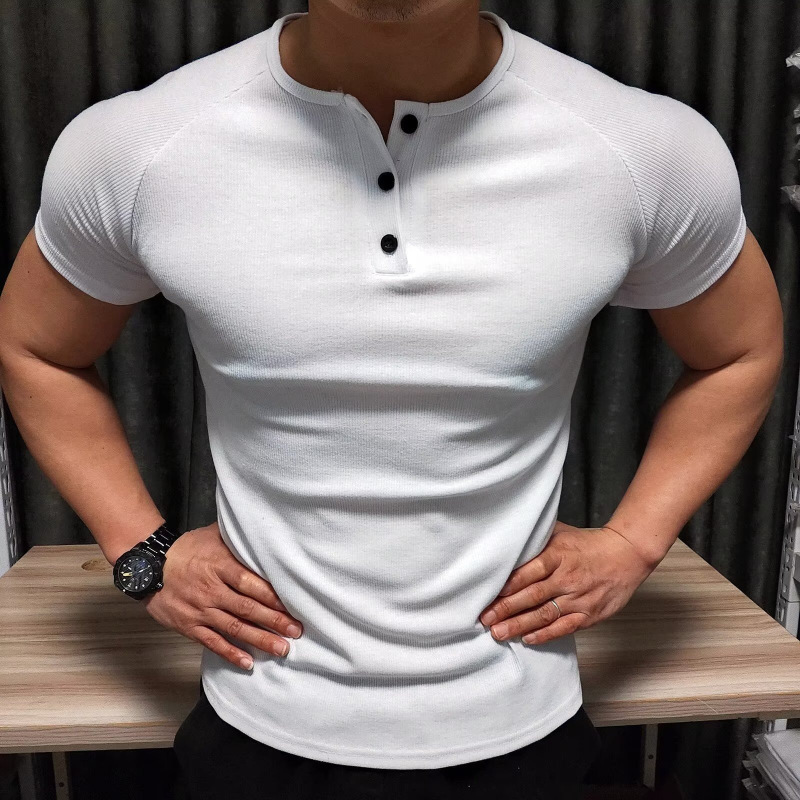 Henry Shirt Men's Short-Sleeved T-Shirt American Style Summer Ribbed Fitness Retro Short-Sleeved Muscle-Showing Running Slim Training Clothes