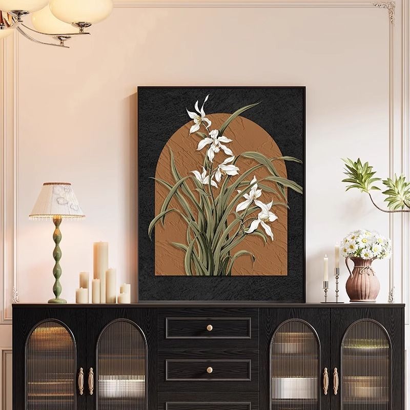 Medieval Style Hanging Painting for Living Room 2025 New Decorative Painting New Chinoiserie Orchid Plant Mural Entrance Cabinet Painting