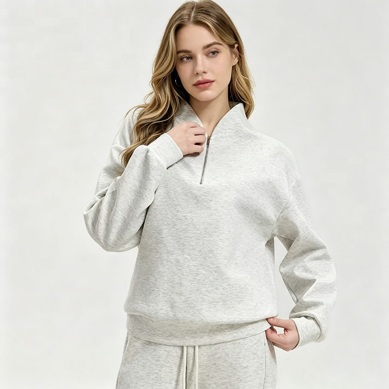 Women's Clothing Women's Fashionable Long Sleeved Sweatshirt Casual Trousers Set Style Autumn Half Open Collar Solid Color Loose Fit_ecoleips.com