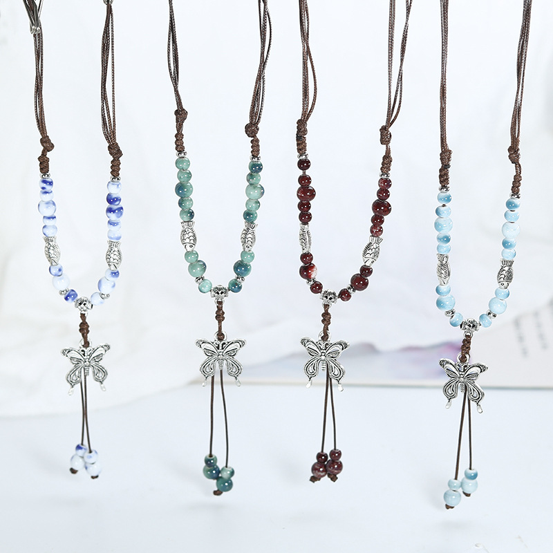 陶瓷毛衣链复古民族风服装配饰蝴蝶吊坠秋冬项链新中式颈链国潮