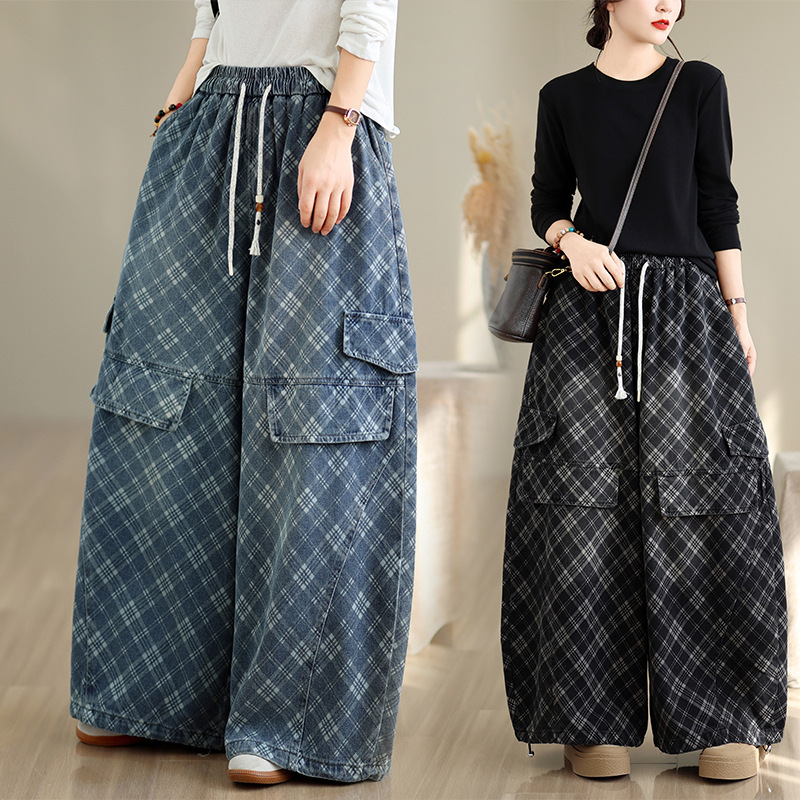 Retro new Chinese style washed printed denim wide-leg pants, loose fit, plus size, casual, stylish, and slimming culottes