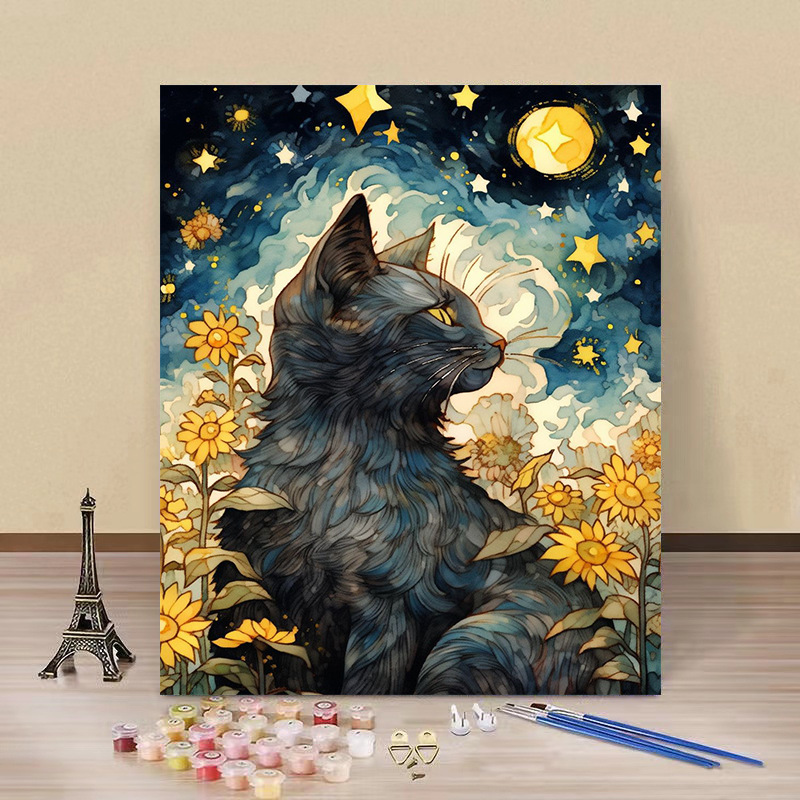Pintura por números “Gato Estrellado” — arte DIY de fábrica al por mayor, estilo Van Gogh, flores y paisajes hechos a mano