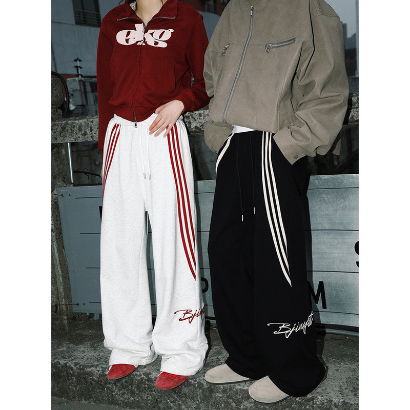 Three-Dimensional Hem American Retro Three-Stripe Casual Pants Men's Spring and Autumn Straight Loose Sports Sweatpants