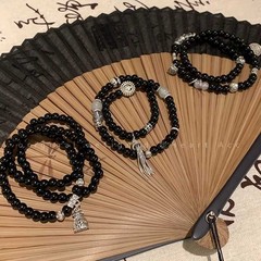 新中式山鬼花钱黑色串珠手女新国风黑曜石手串手饰